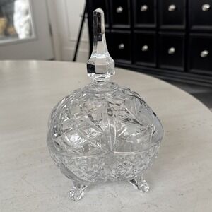 Vintage 8.5" Crystal Diamond Cut Glass Footed Lidded Spire Top Candy Dish EUC